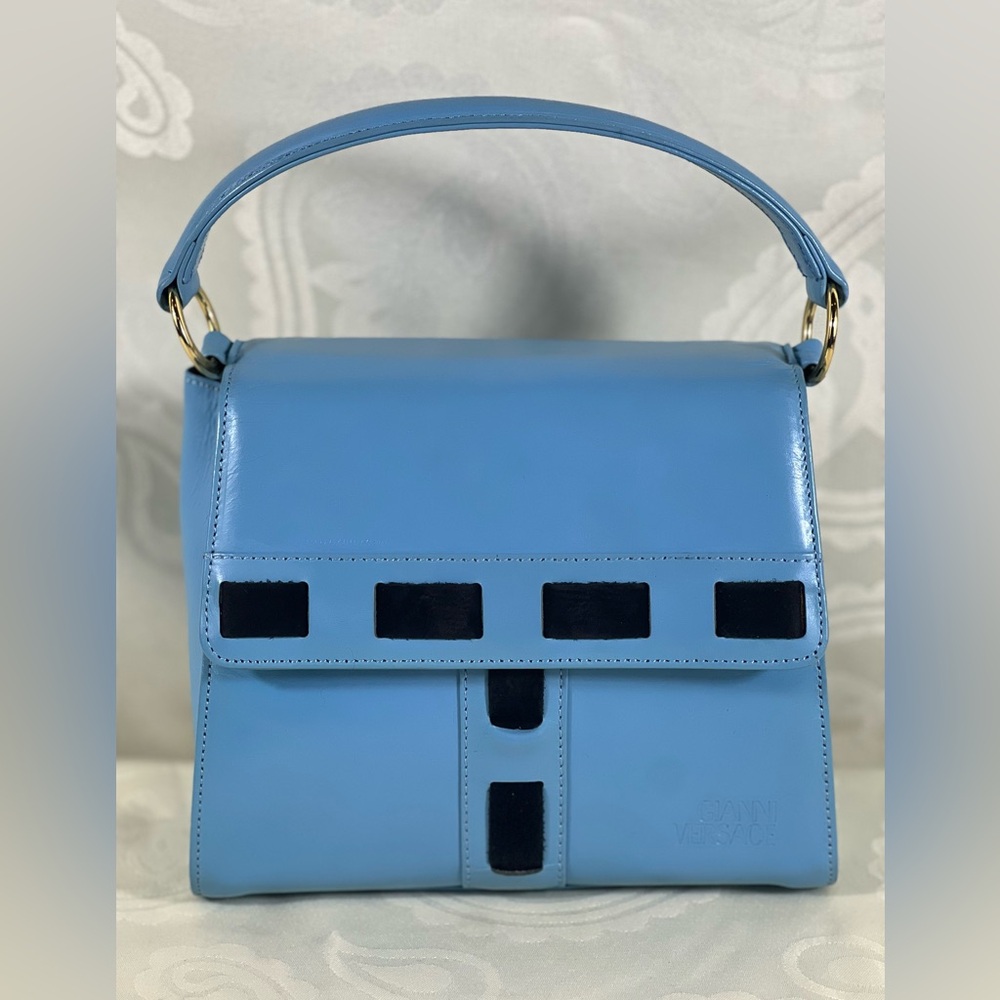 3193: Vintage Gianni Versace Blue Leather Top Handle Bag COA